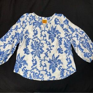 Ruby Rd. Top size petite‎ small blue & white puffy 3/4 sleeves